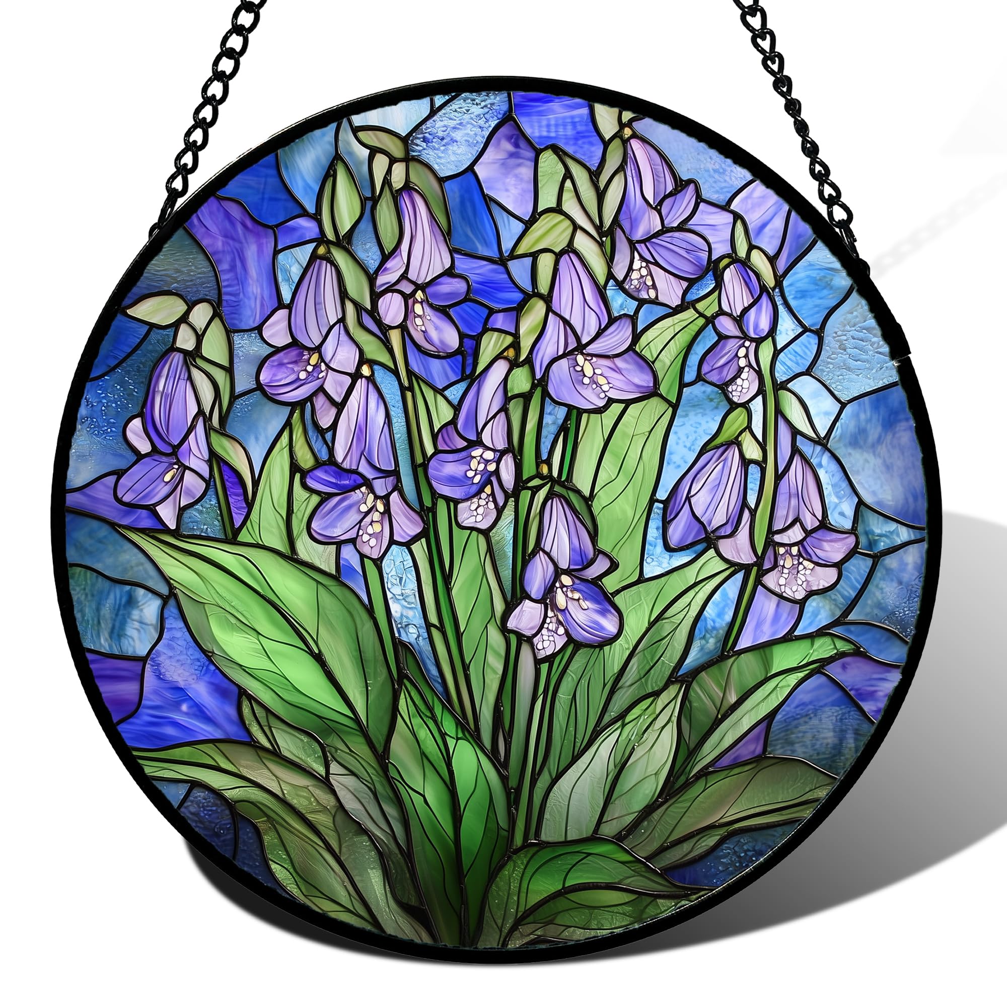 AMDERVEN Stained Glass Suncatcher front view with vibrant blue and purple flower design