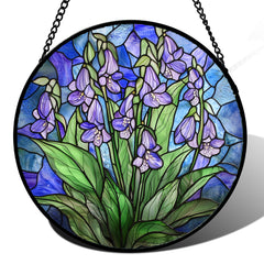 AMDERVEN Stained Glass Suncatcher front view with vibrant blue and purple flower design