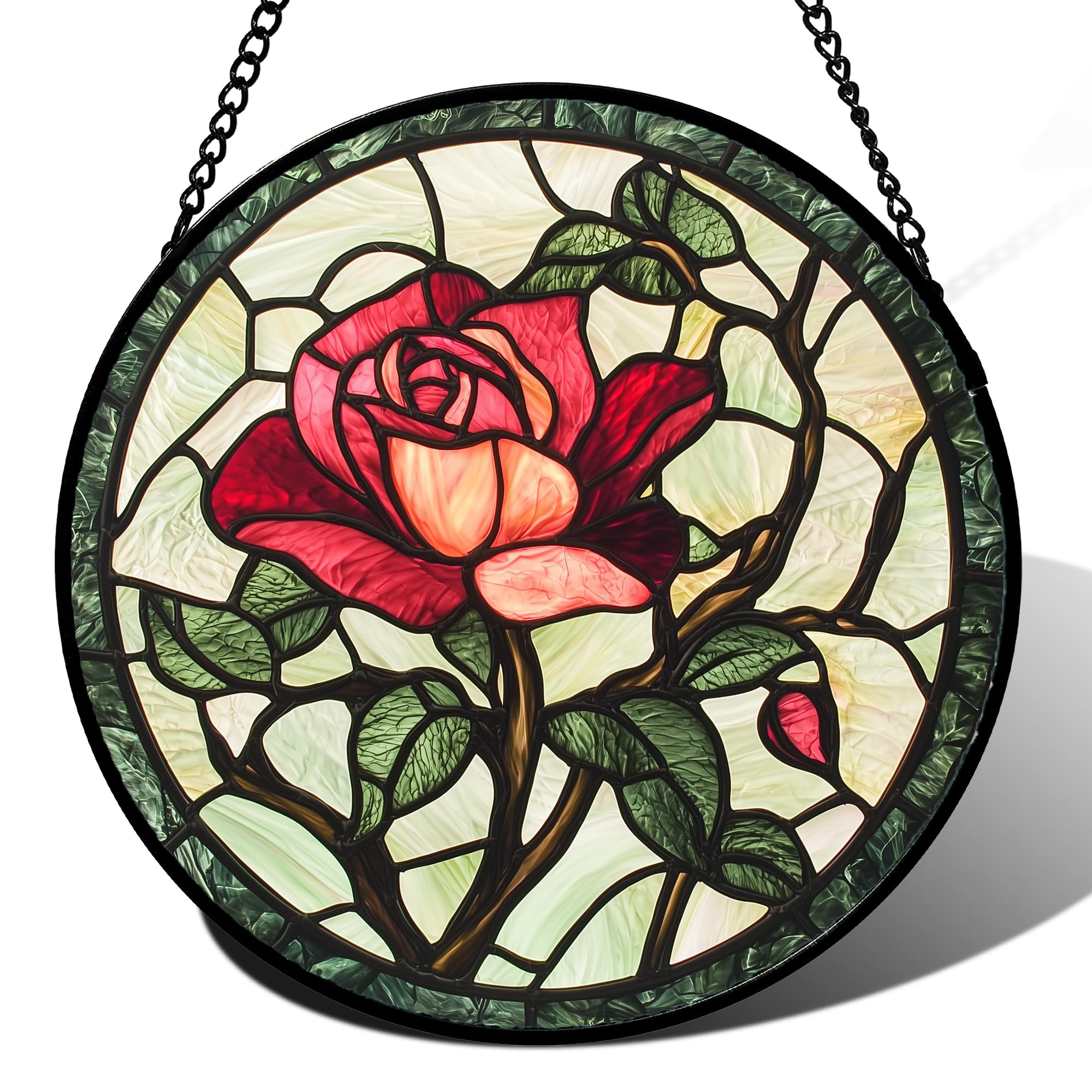 AMDERVEN Stained Glass Window Hanging Red Rose design front view