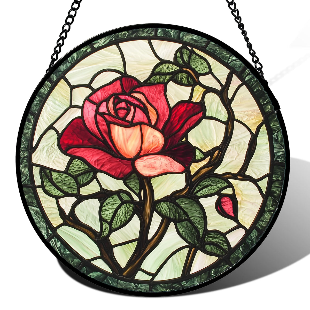 AMDERVEN Stained Glass Window Hanging Red Rose design front view