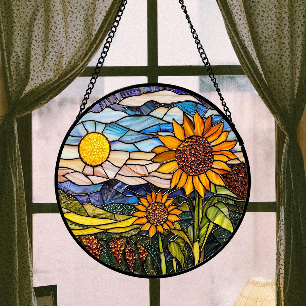 AMDERVEN suncatcher showing vibrant orange sunflower colours