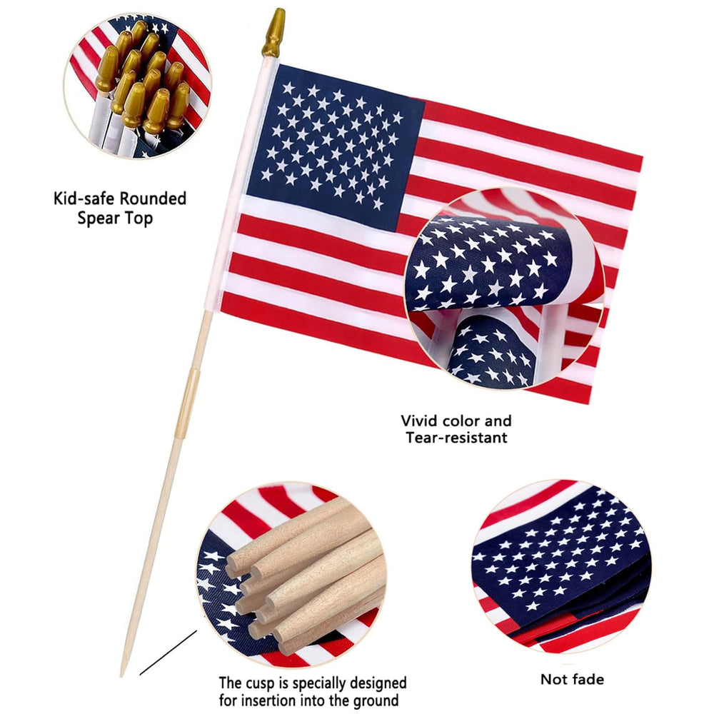 American flags displayed in a garden setting