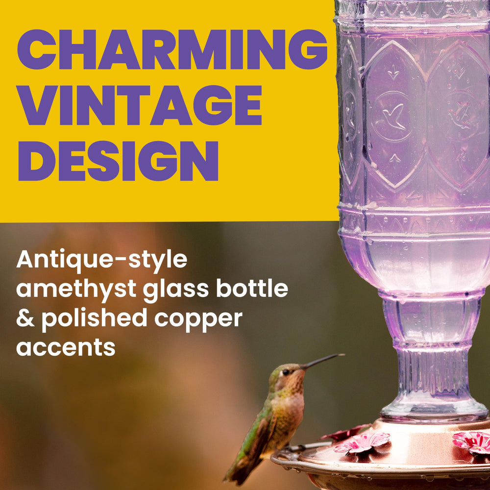 Amethyst Jewel Hummingbird Feeder filled with nectar in a garden setting