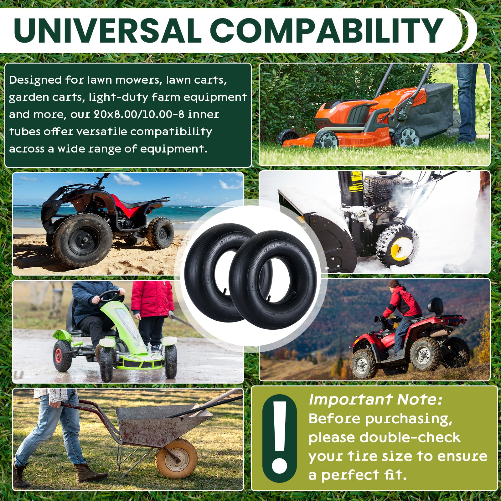 AMGSH inner tubes next to lawn mower and wheelbarrow
