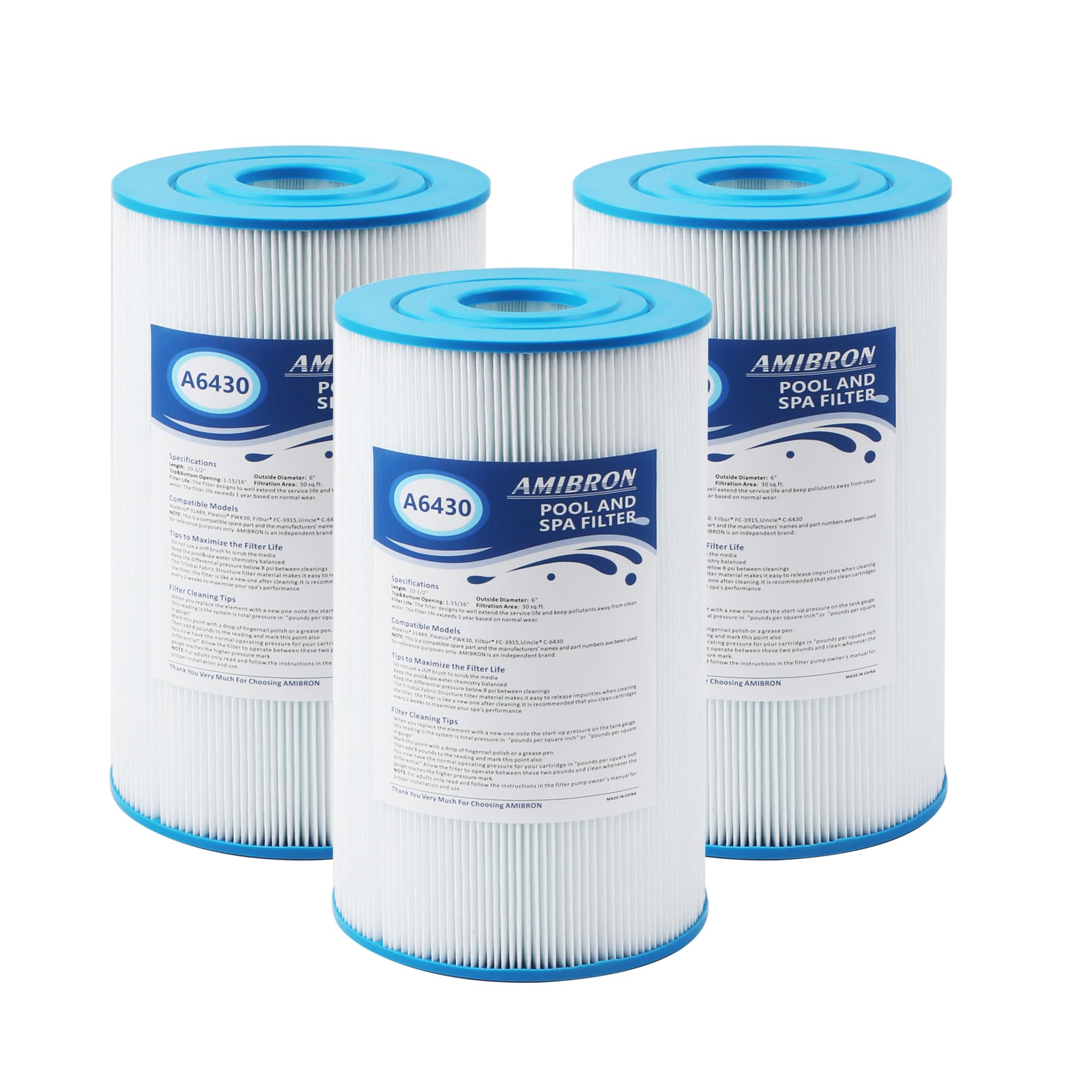 AmiBron PWK30 spa filter front view, blue and white