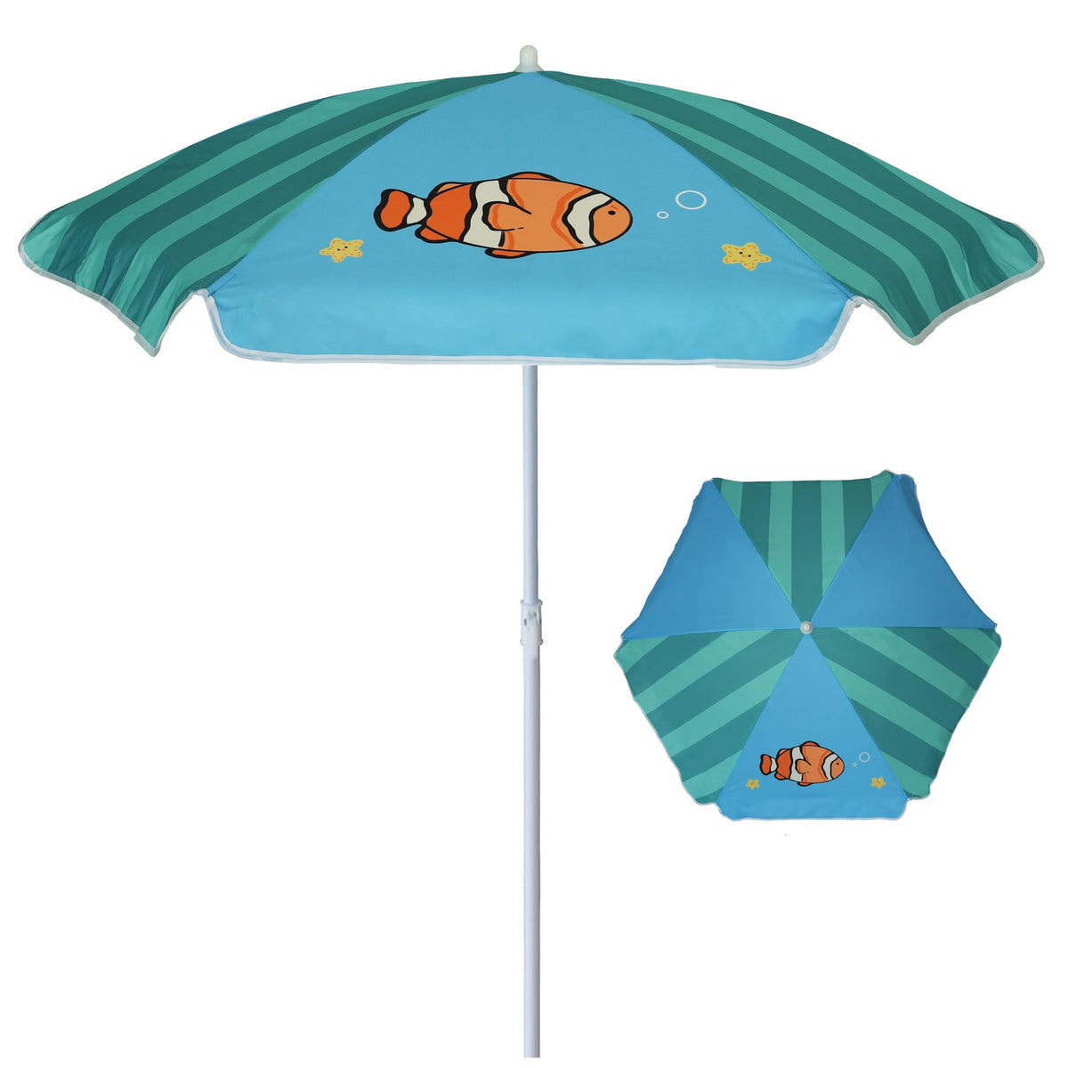 AMMSUN 5ft Kids Beach Umbrella front view with Clownfish design