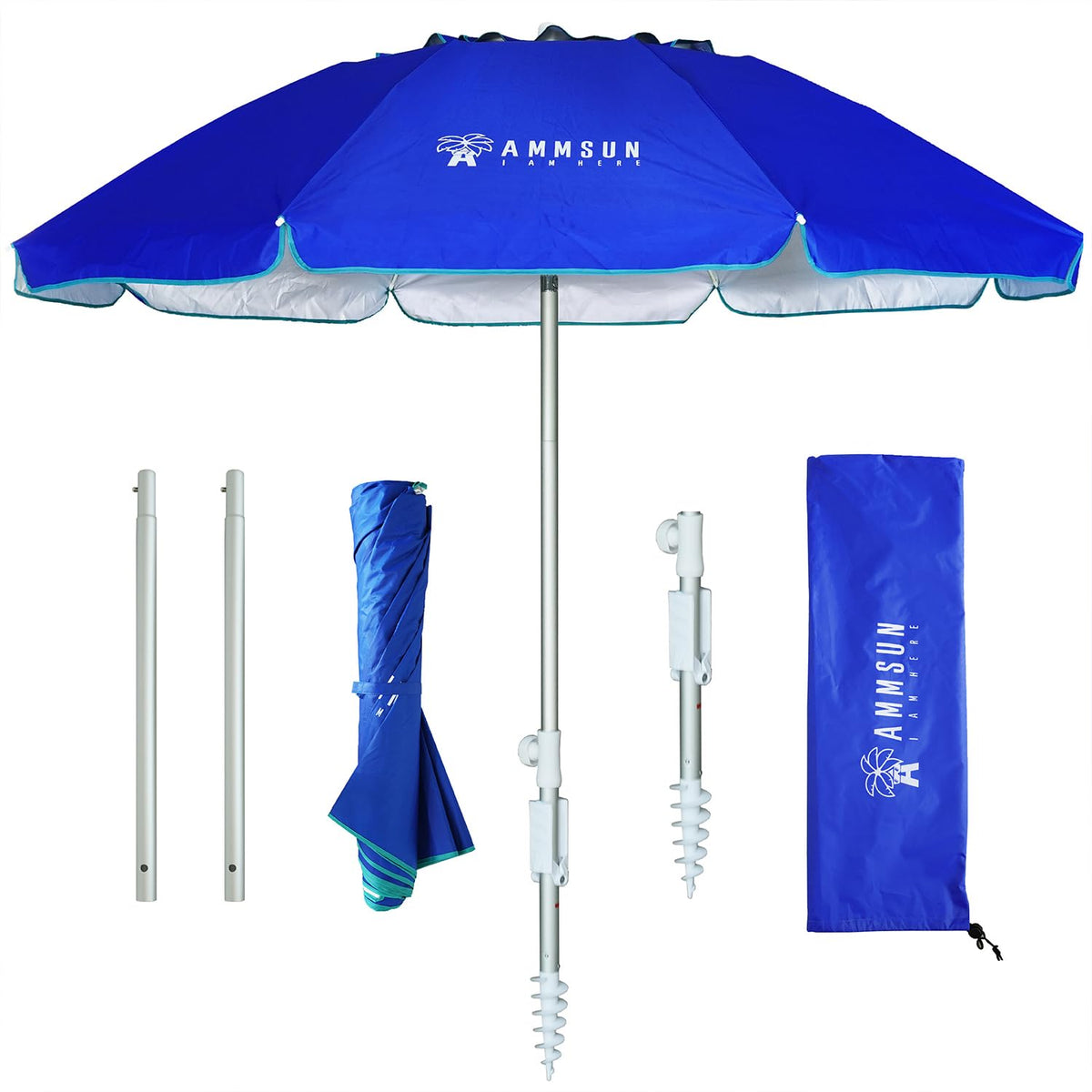 AMMSUN 6.5ft beach umbrella blue model front view with sand anchor