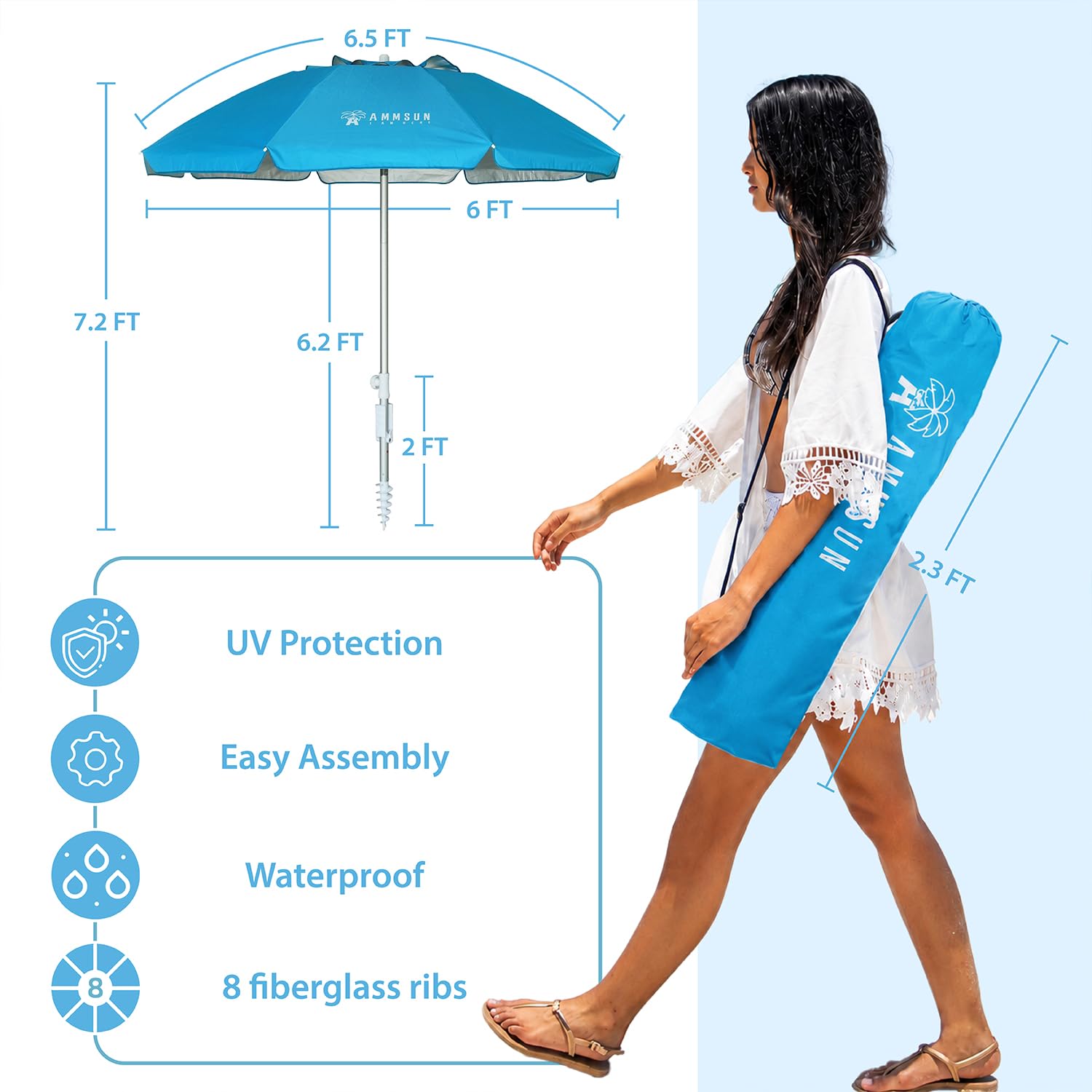AMMSUN 6.5ft beach umbrella from side view