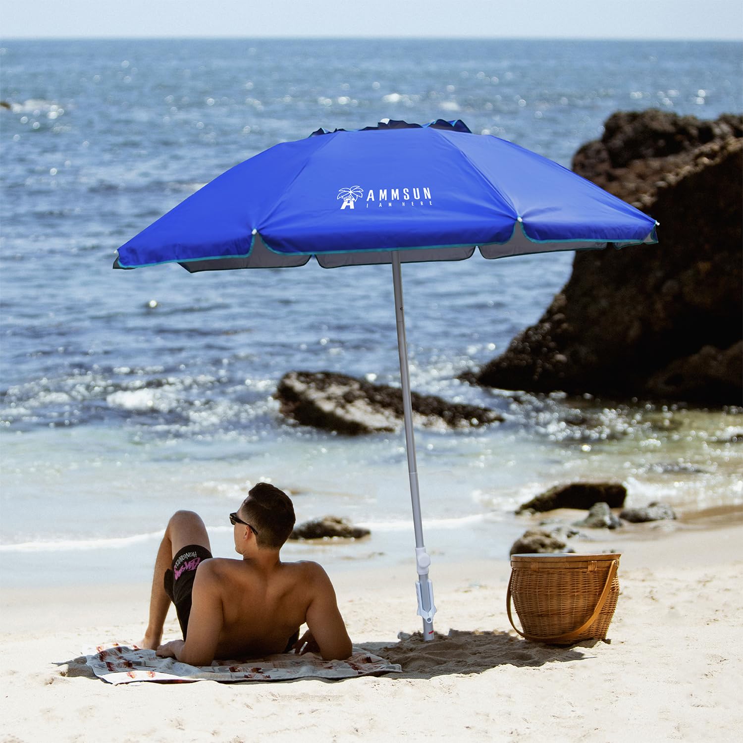 AMMSUN beach umbrella showing push button tilt mechanism