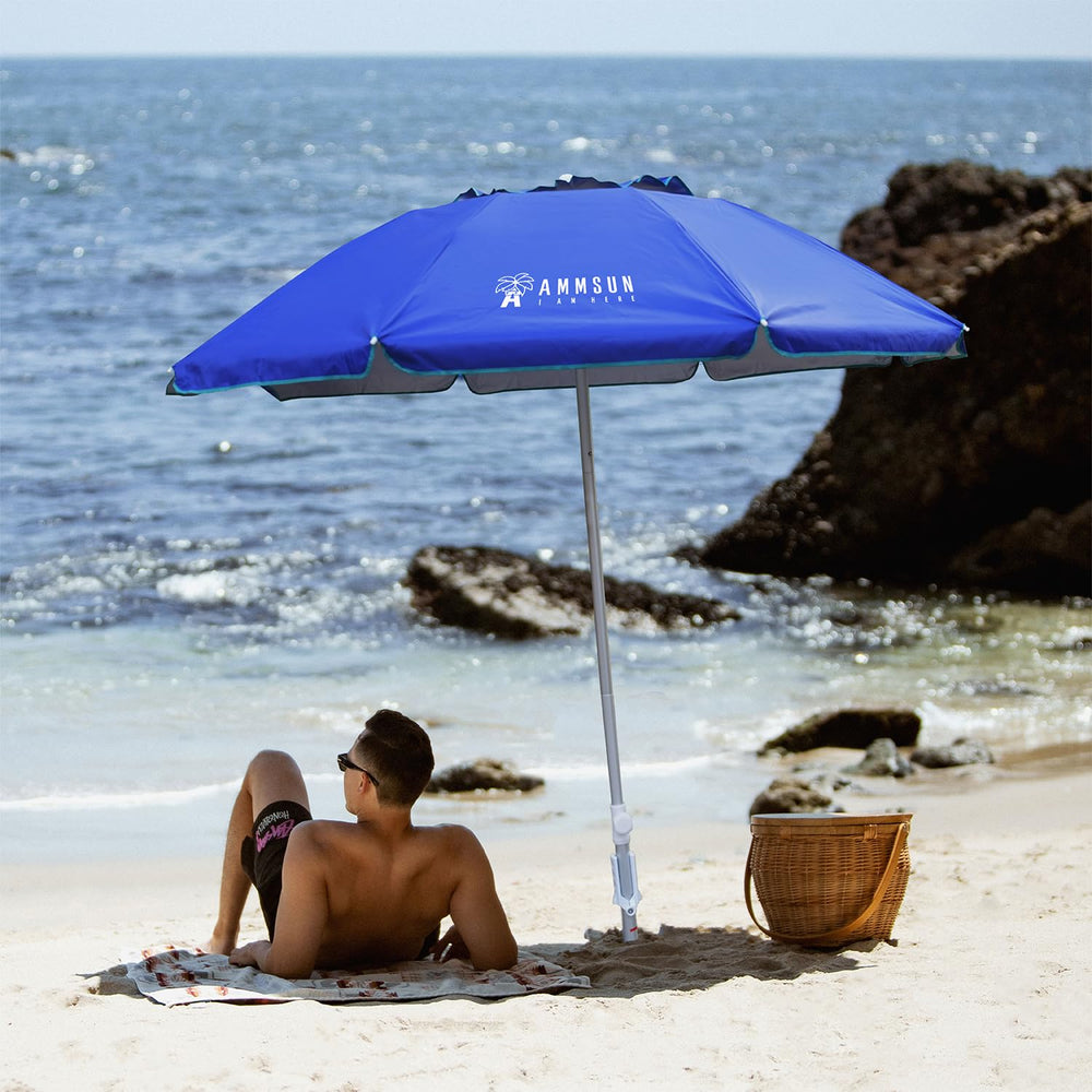 AMMSUN beach umbrella showing push button tilt mechanism
