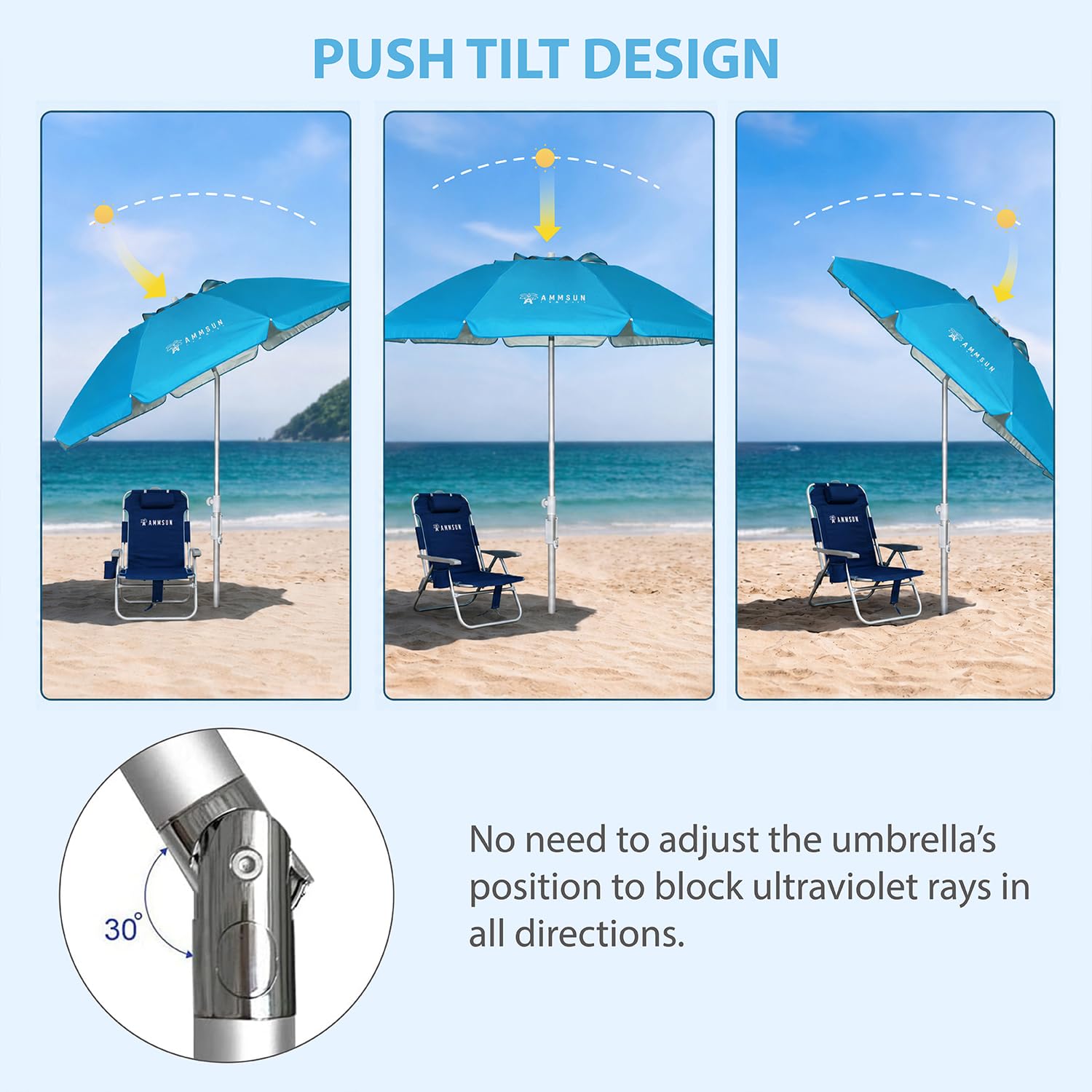 AMMSUN beach umbrella showing tilt mechanism