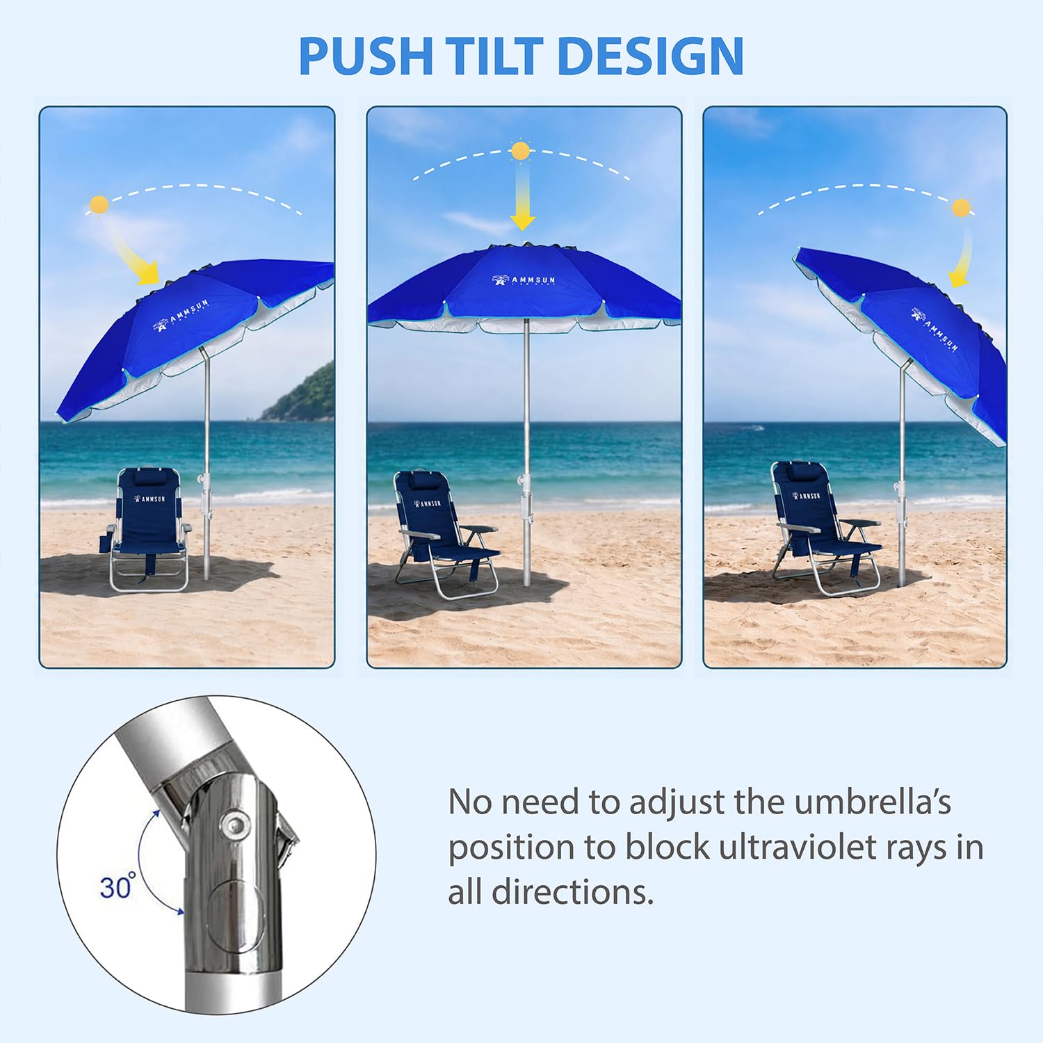 AMMSUN beach umbrella with integrated sand anchor in use