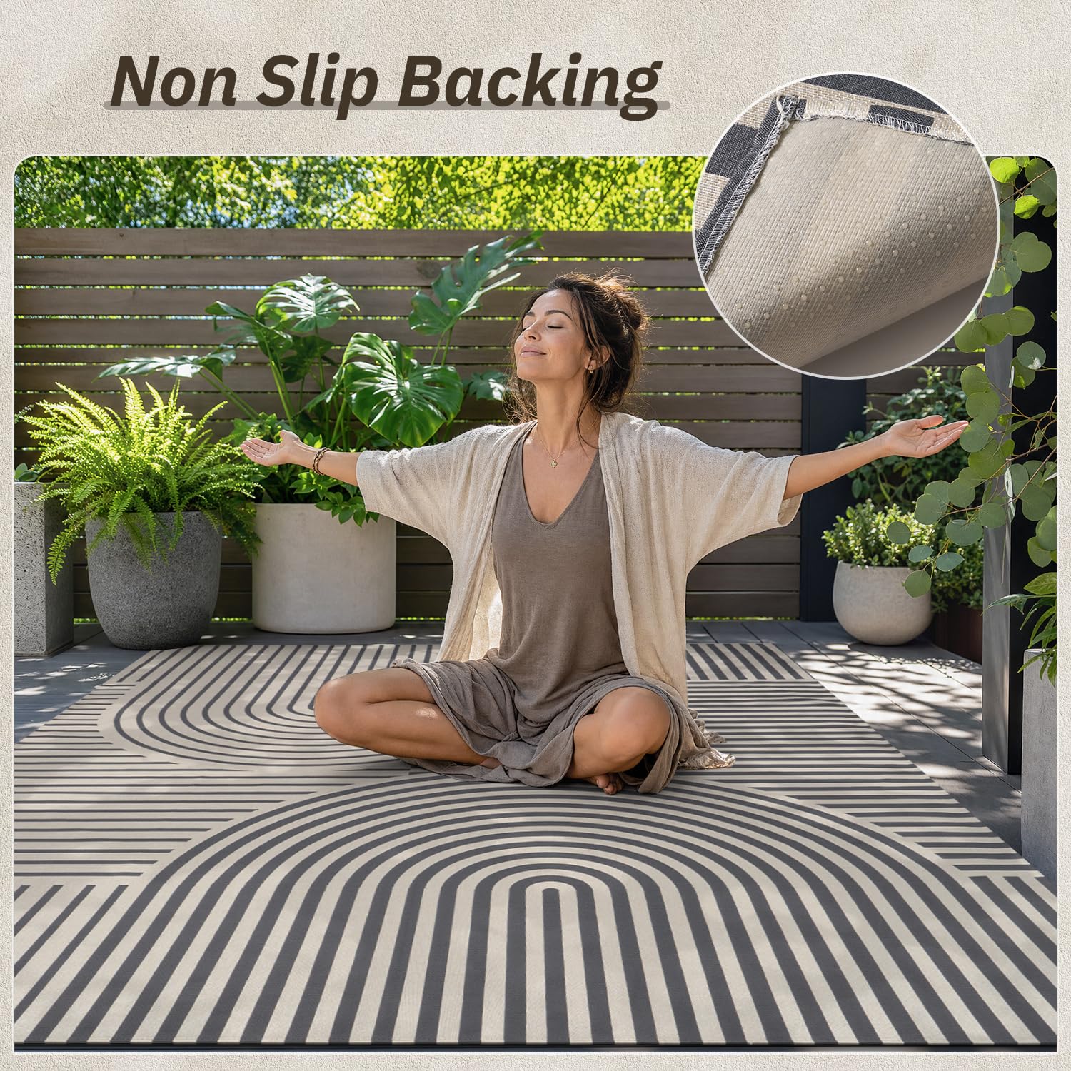 AMOAMI Outdoor Rug 5x8 ft in front of a door, welcoming look
