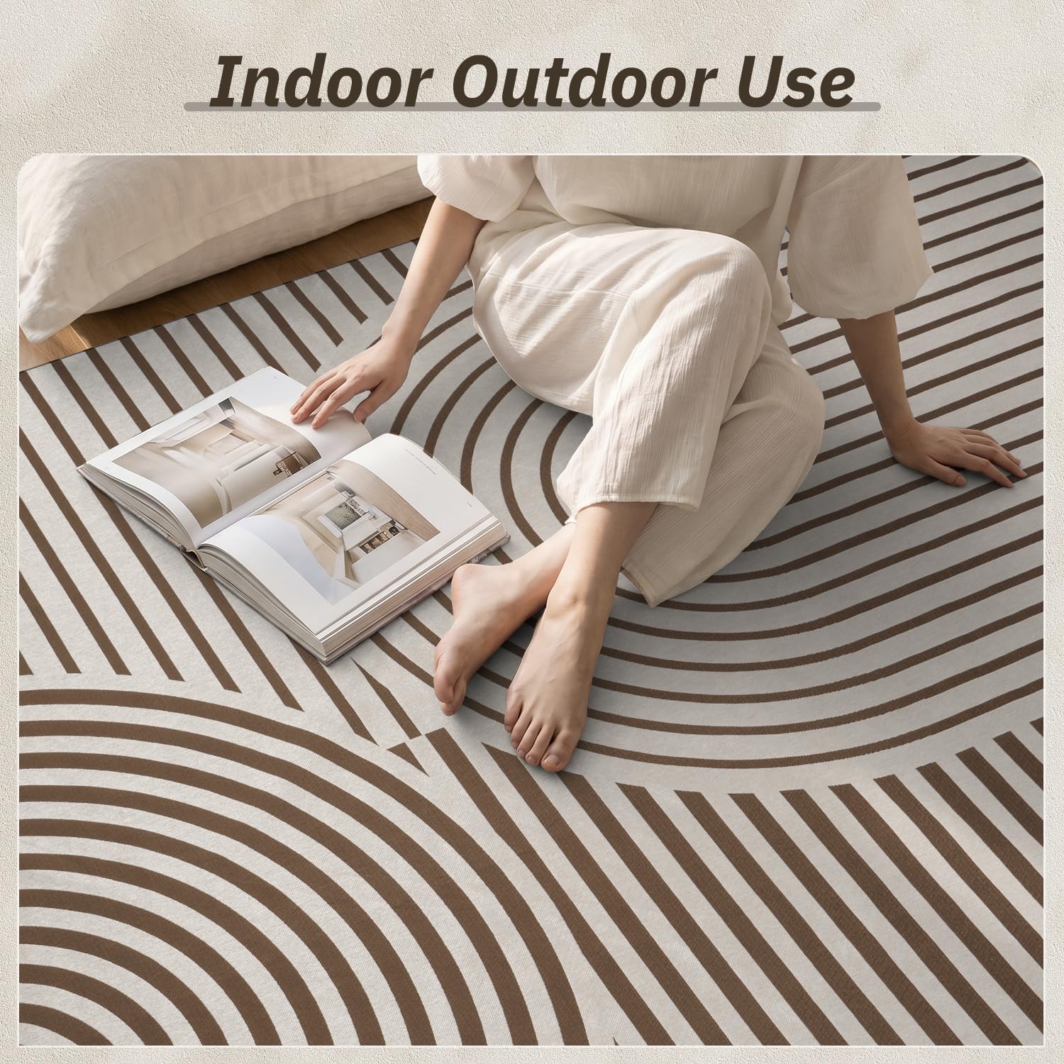 AMOAMI Outdoor Rug 5x8 ft laid flat on wooden deck