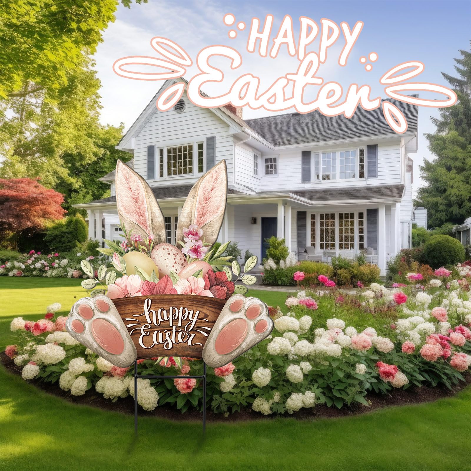 Amyhill Easter garden stake displayed in a vibrant garden setting