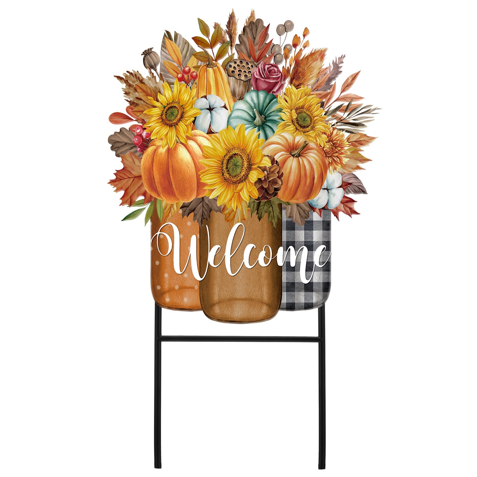 Amyhill Fall Garden Stake front view with pumpkin and sunflower design