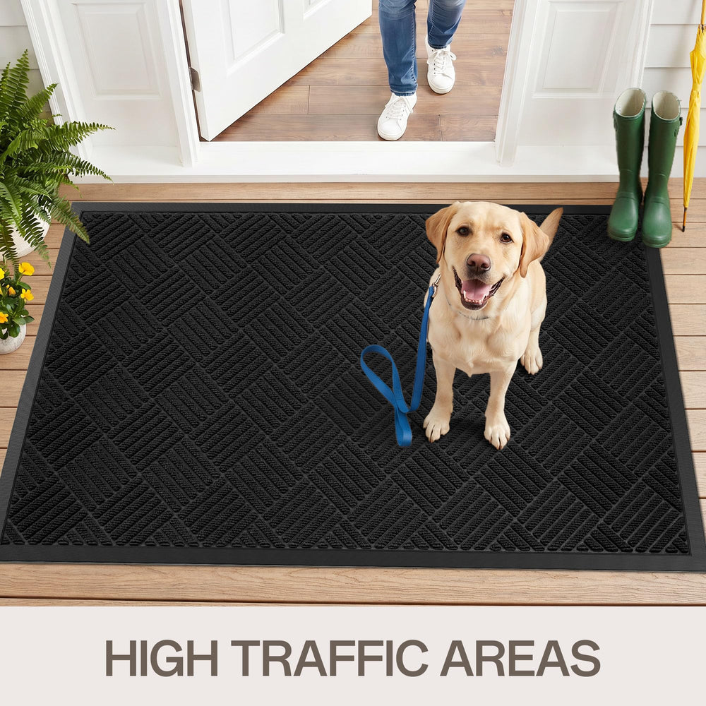 Amyracel door mat with beveled border to contain debris
