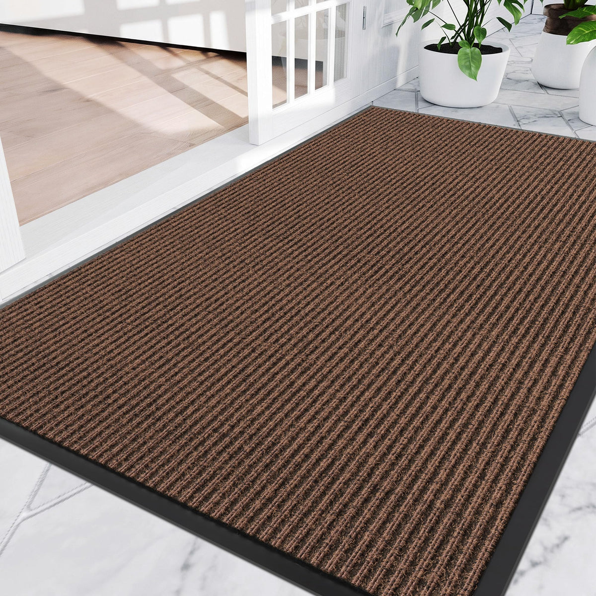 Amyracel Front Door Mat 3'x4' brown double stripe front view