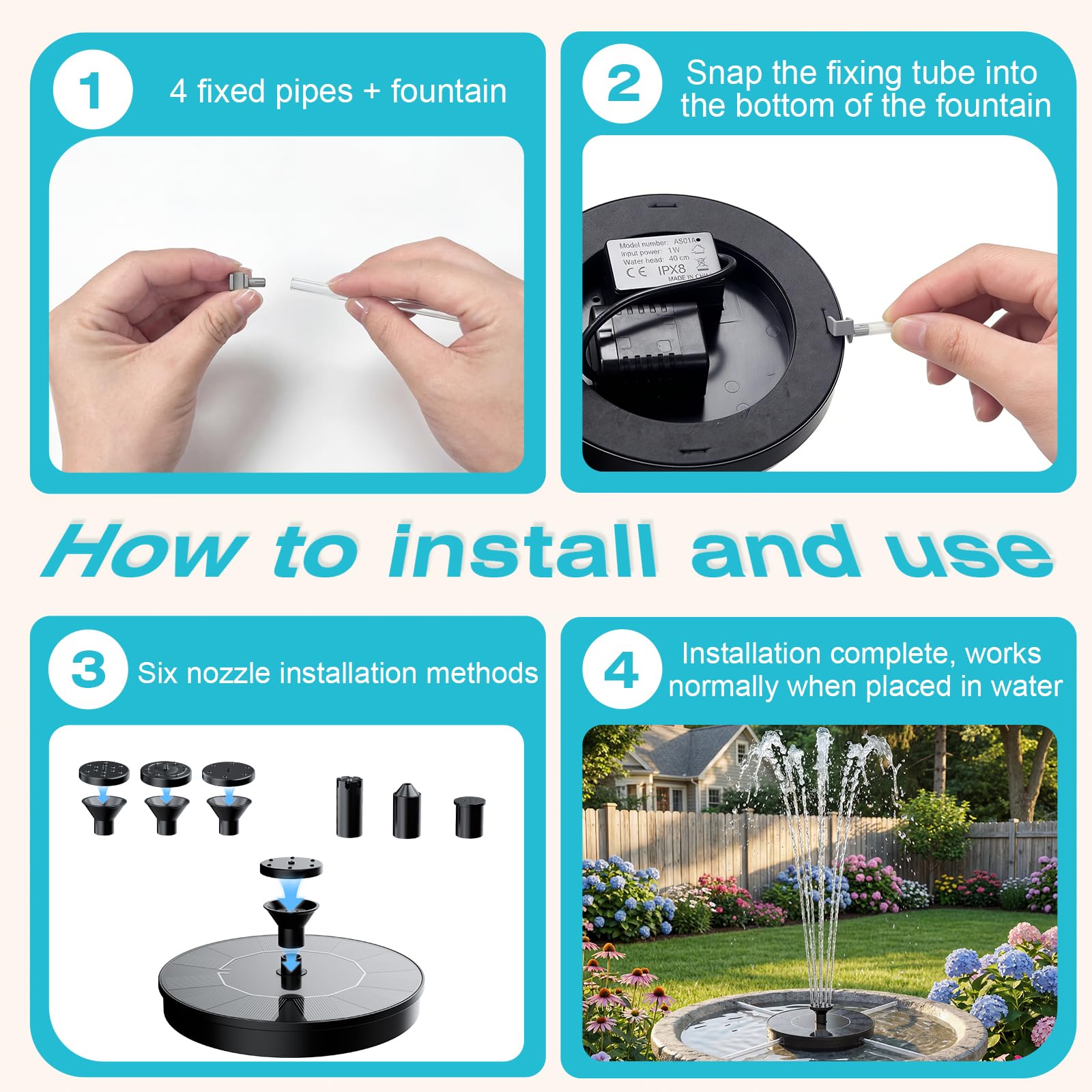 AMZtime Solar Bird Bath Fountain packaging showing details