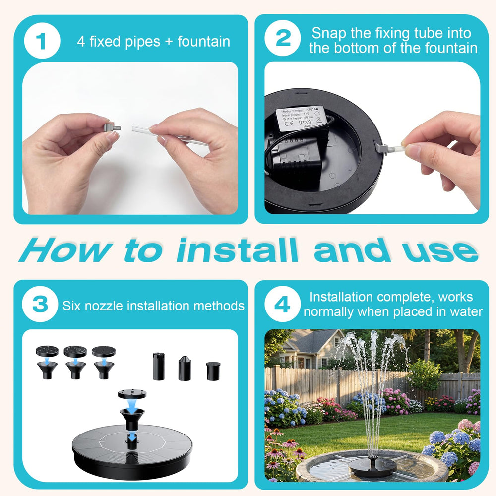 AMZtime Solar Bird Bath Fountain packaging showing details