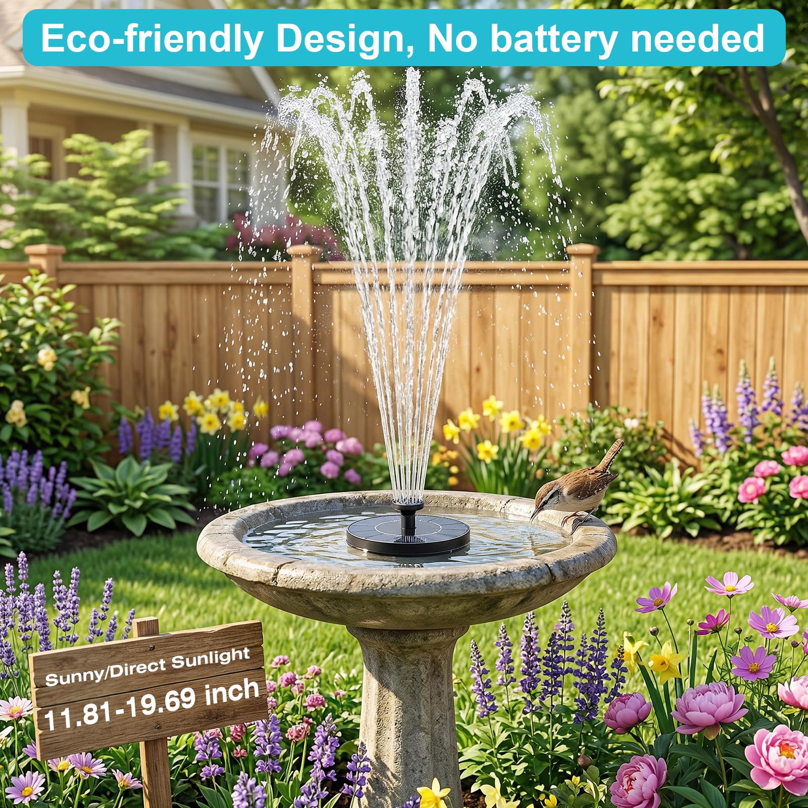 AMZtime Solar Bird Bath Fountain side view showing spray patterns