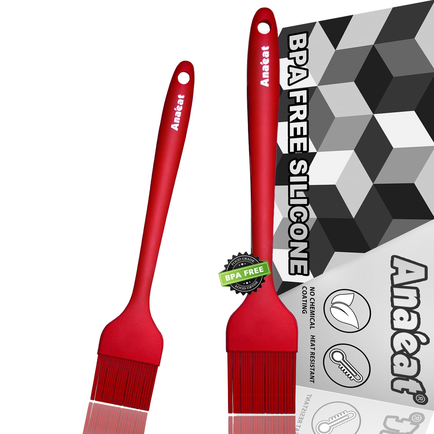 Anaeat Silicone Basting Brush Set includes two brushes in red, 10" and 8.2"