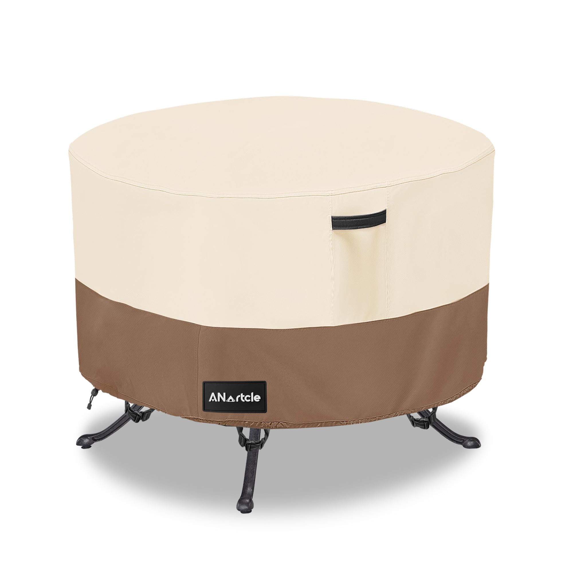 ANartcle 36-inch round patio table cover in beige and brown, front view