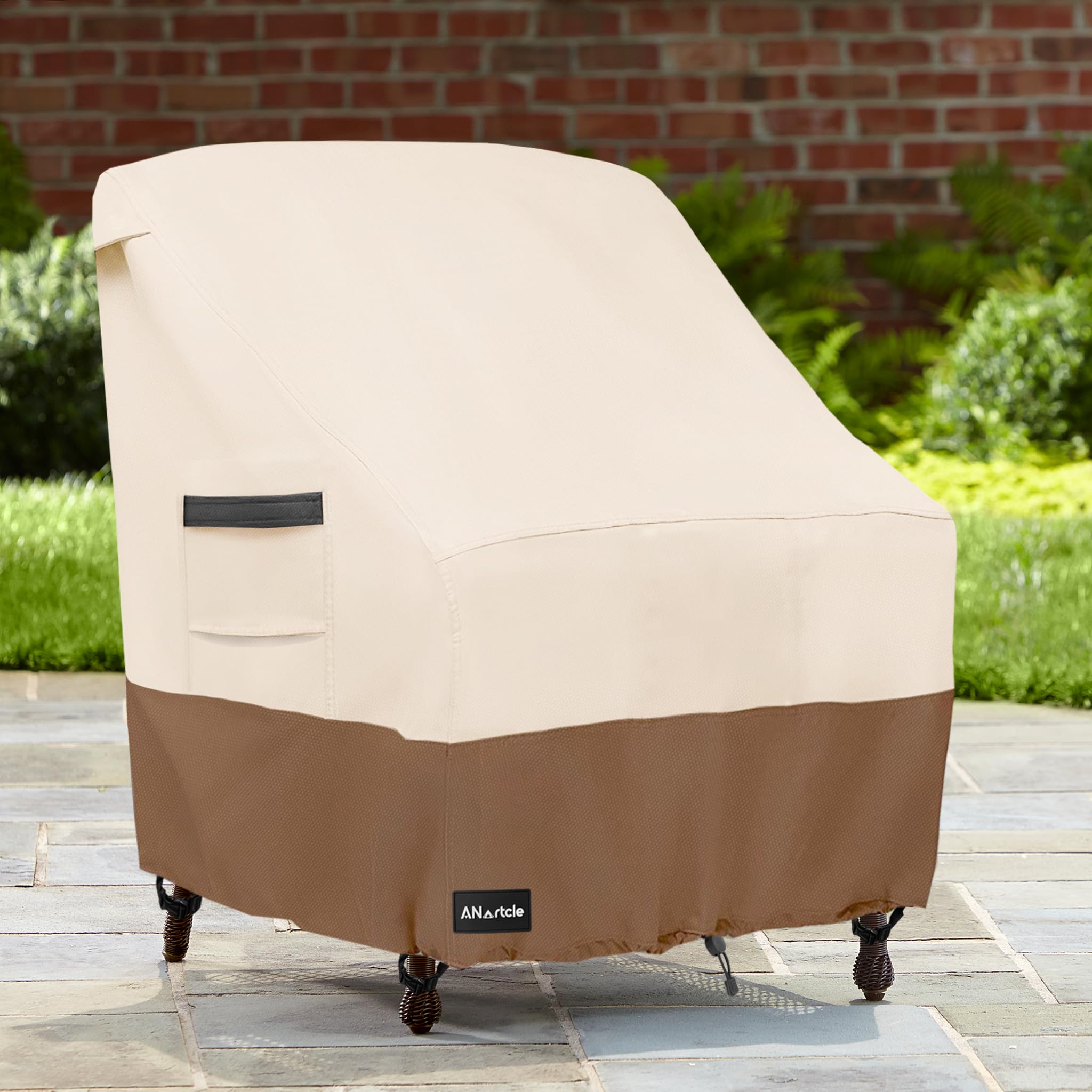 ANartcle chair cover on an outdoor chair in a garden setting