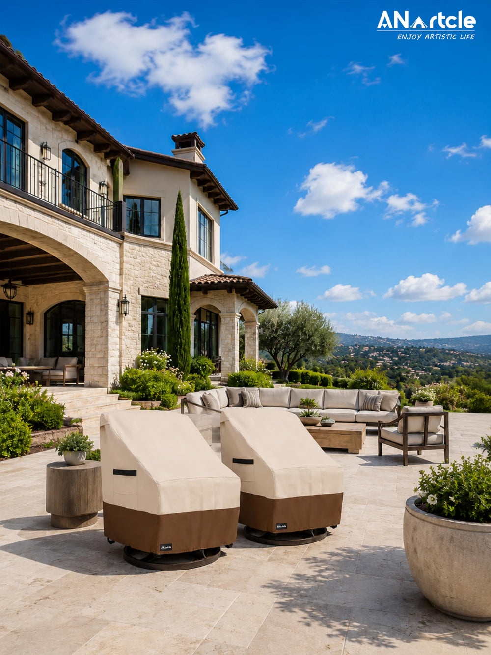 ANartcle swivel chair cover displayed on a patio
