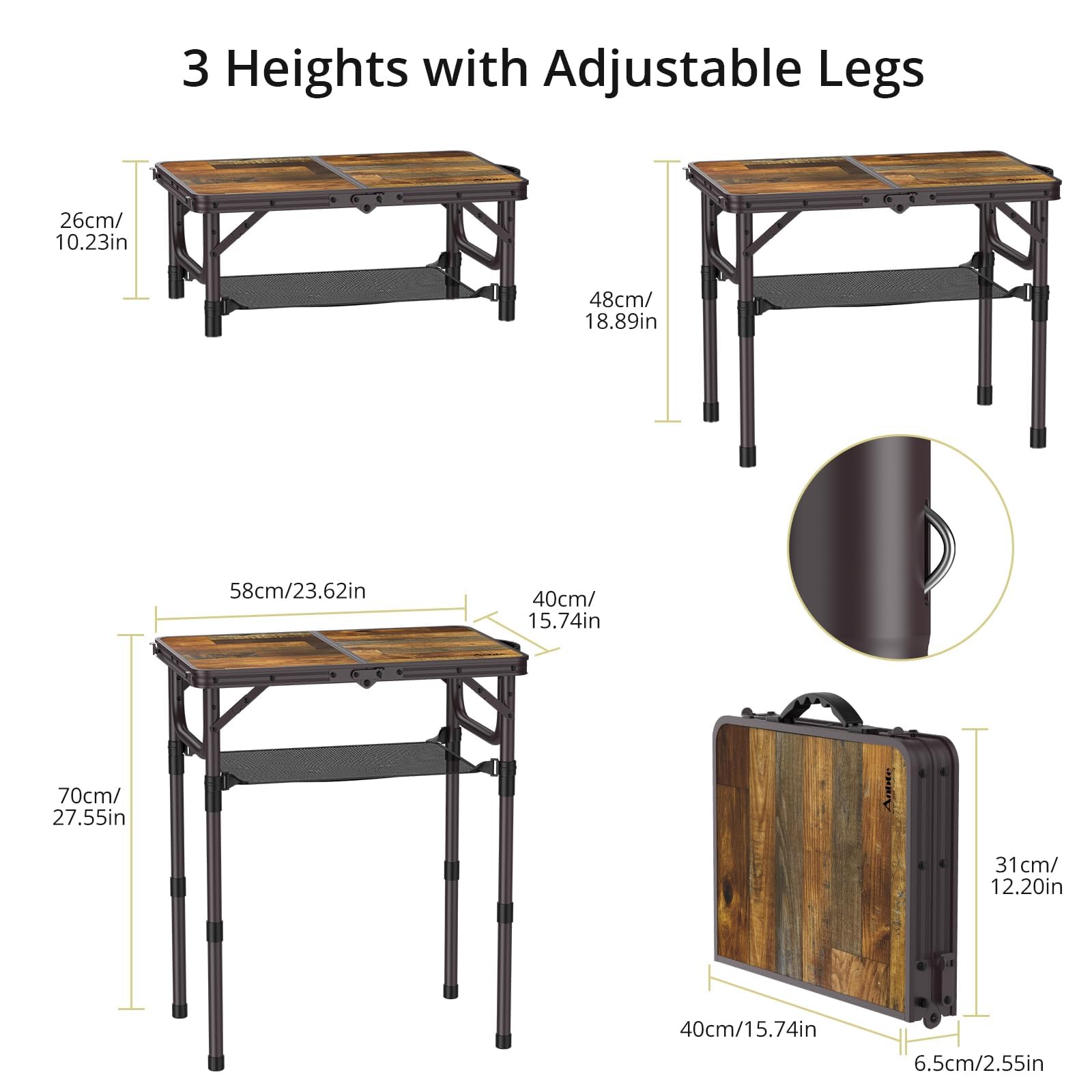 Anbte 2ft Folding Camping Table side view with legs extended