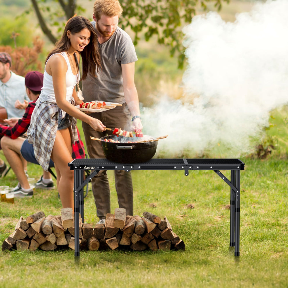 Anbte Folding Grill Table side view showing adjustable legs