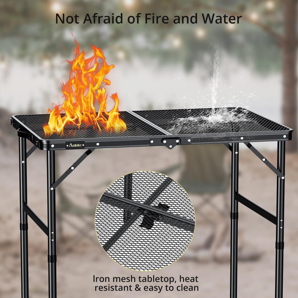 Anbte grill table featuring heat-resistant iron mesh top