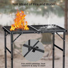 Anbte grill table featuring heat-resistant iron mesh top