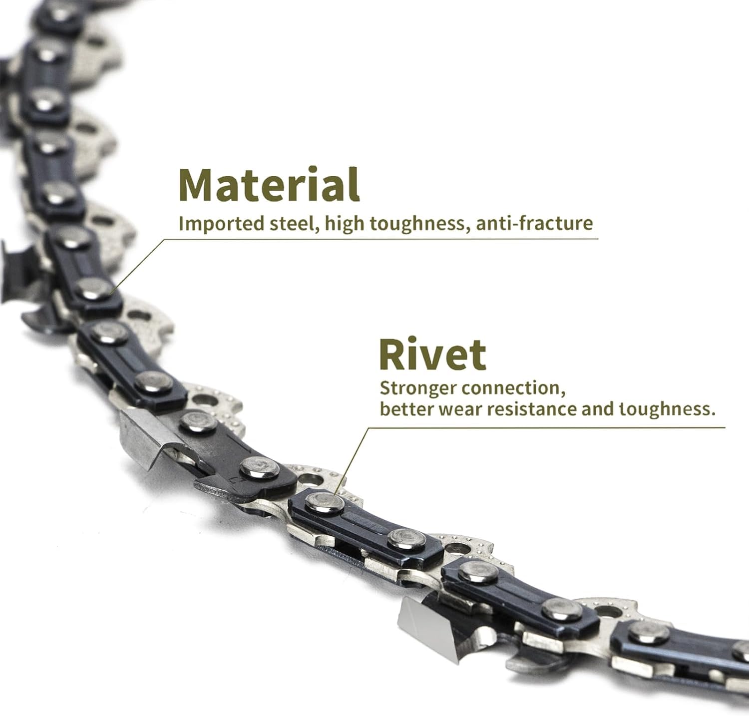 ANCKNE 14 Inch Chainsaw Chain beside a chainsaw for size reference
