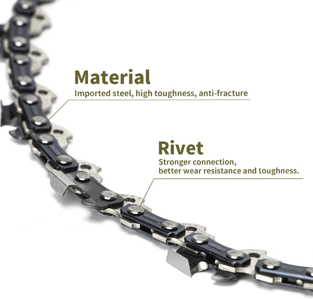 ANCKNE 14 Inch Chainsaw Chain beside a chainsaw for size reference