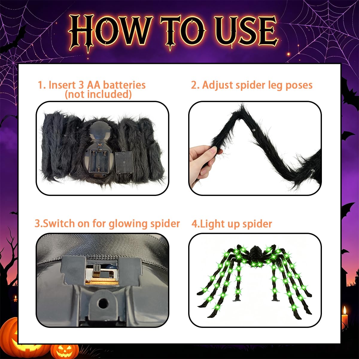 Anditoy 6.6ft Giant Halloween Spider with green LED lights