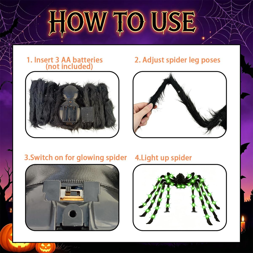 Anditoy 6.6ft Giant Halloween Spider with green LED lights