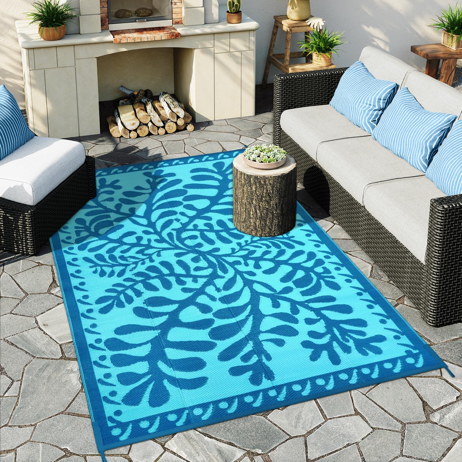 Anidaroel Outdoor Area Rug 6' x 9' Blue Waterweed close-up of design