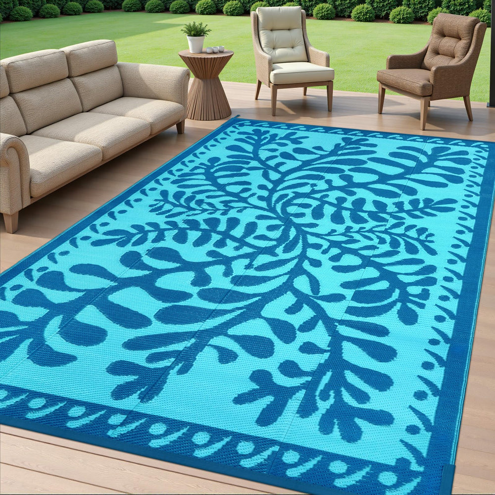 Anidaroel Outdoor Area Rug 6' x 9' Blue Waterweed in outdoor setting