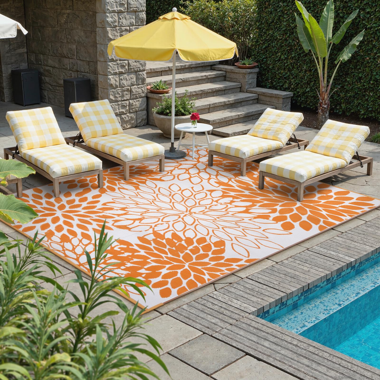 Anidaroel outdoor rug 6x9ft on a patio with furniture