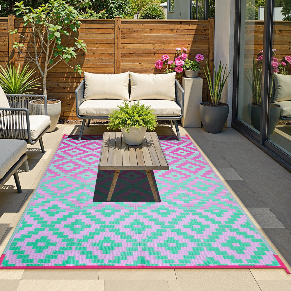 Anidaroel outdoor rug folded for portability in carrier bag