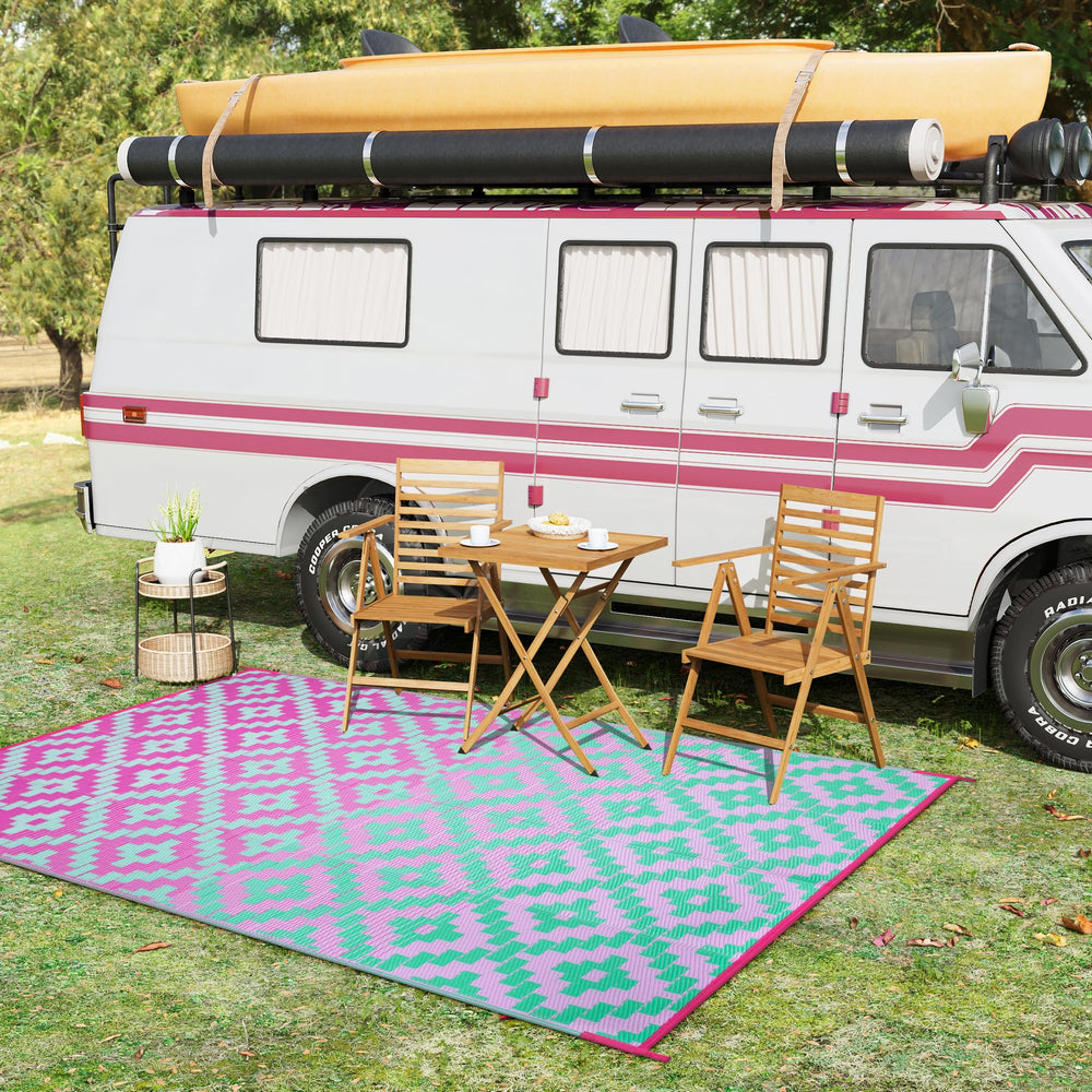 Anidaroel outdoor rug with corner loops and stakes for secure placement