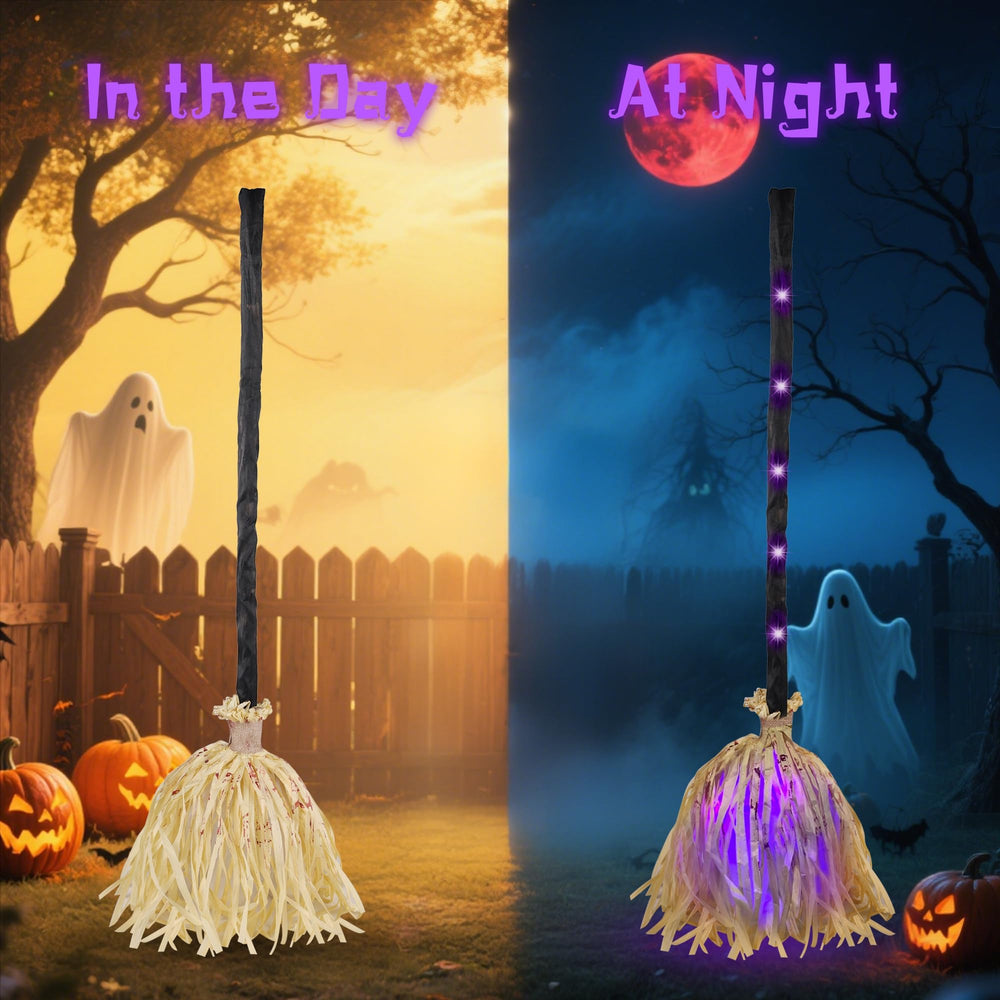 Animated witches broom with purple LED lights in motion