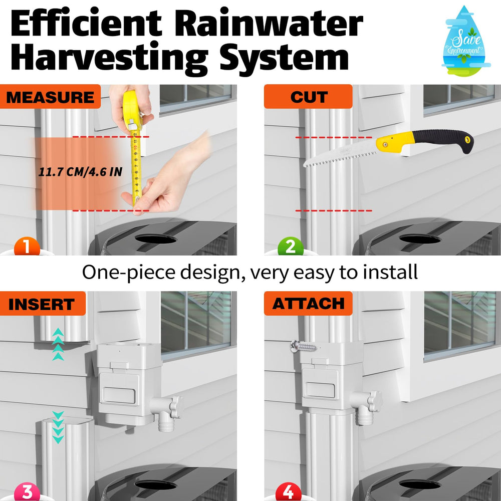 Anivia diverter kit next to a rain barrel in a garden