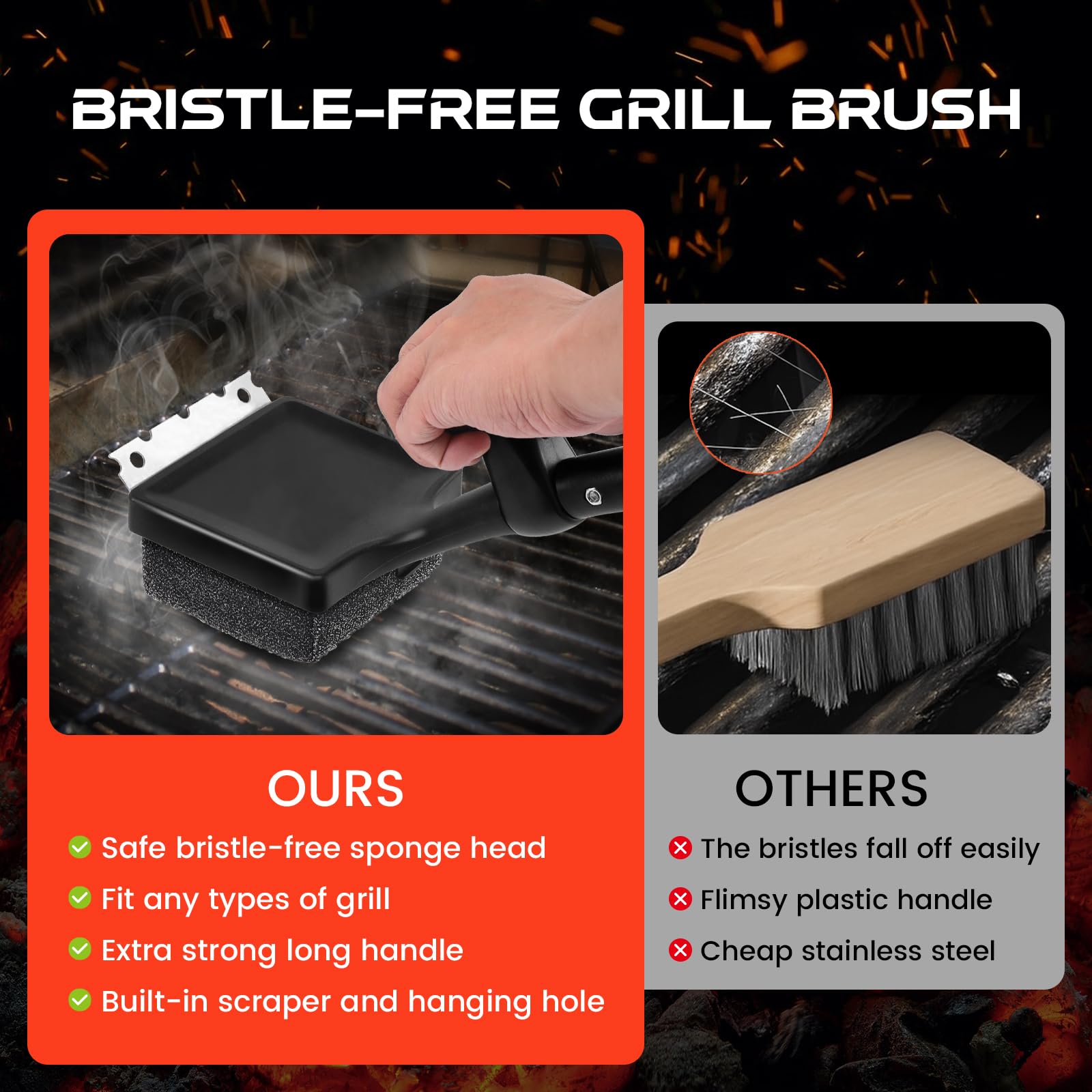 ANJUKE Grill Brush showing the scraper and bottle opener