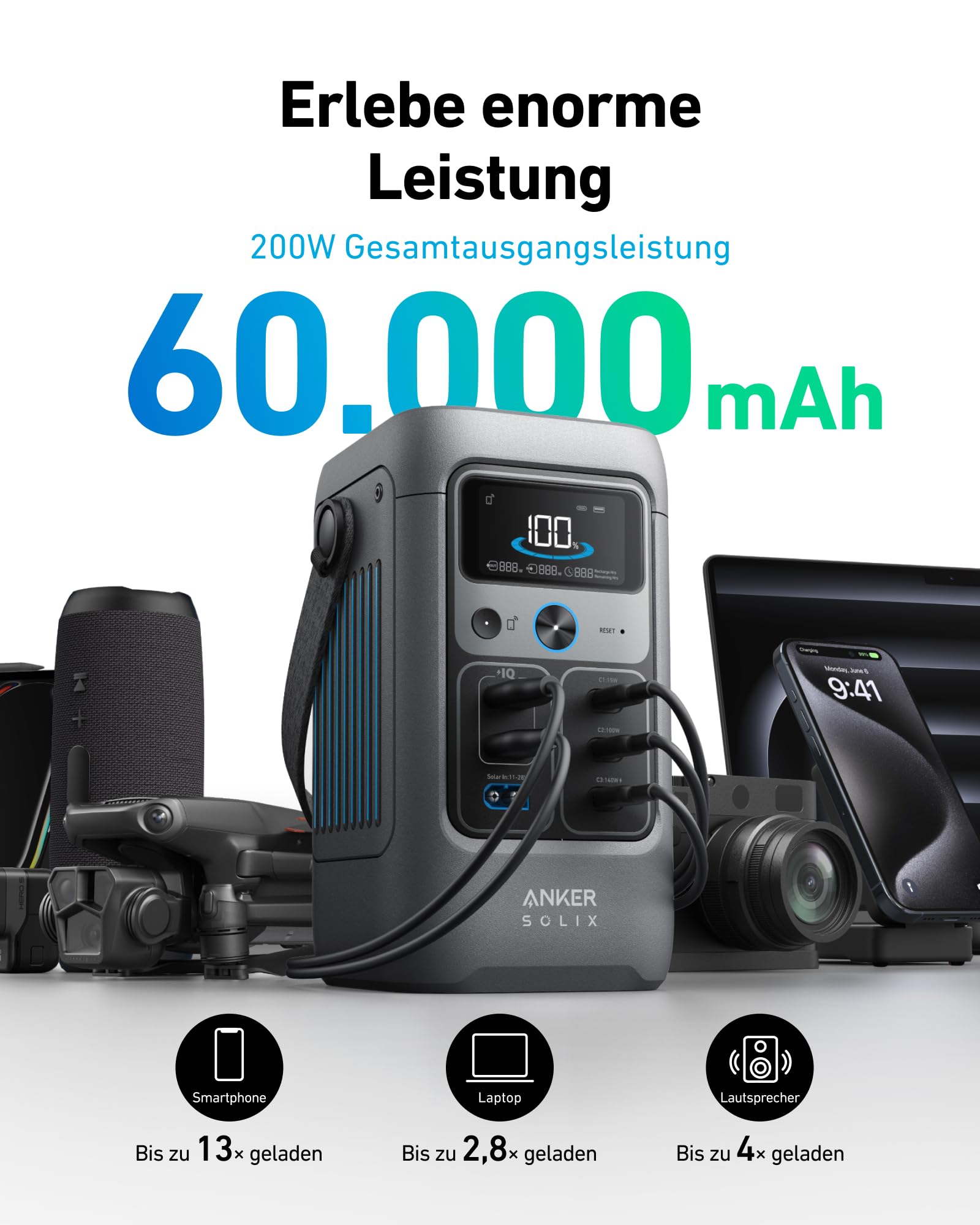 Anker SOLIX C200 side view with charging ports