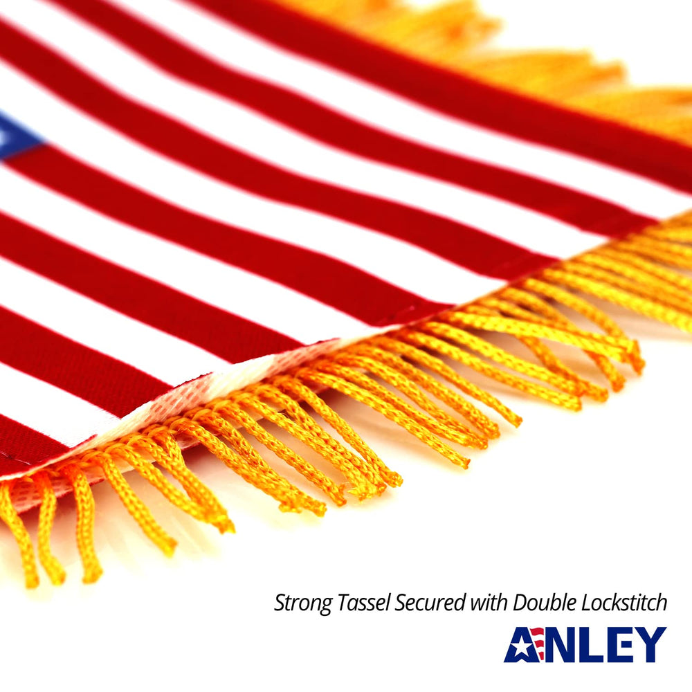 Anley 4 X 6 Inch American Fringy Flag hanging from rearview mirror