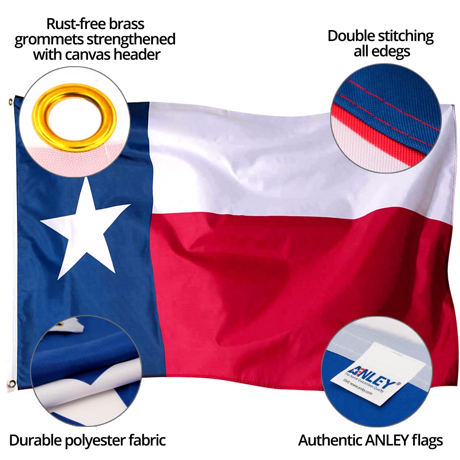 Anley Texas State Flag showing brass grommets detail