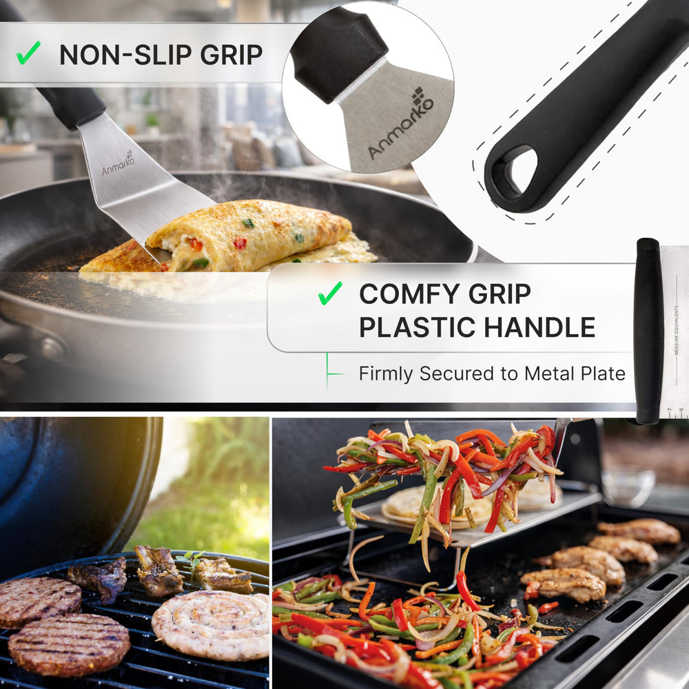 Anmarko spatula set displayed on a barbecue grill