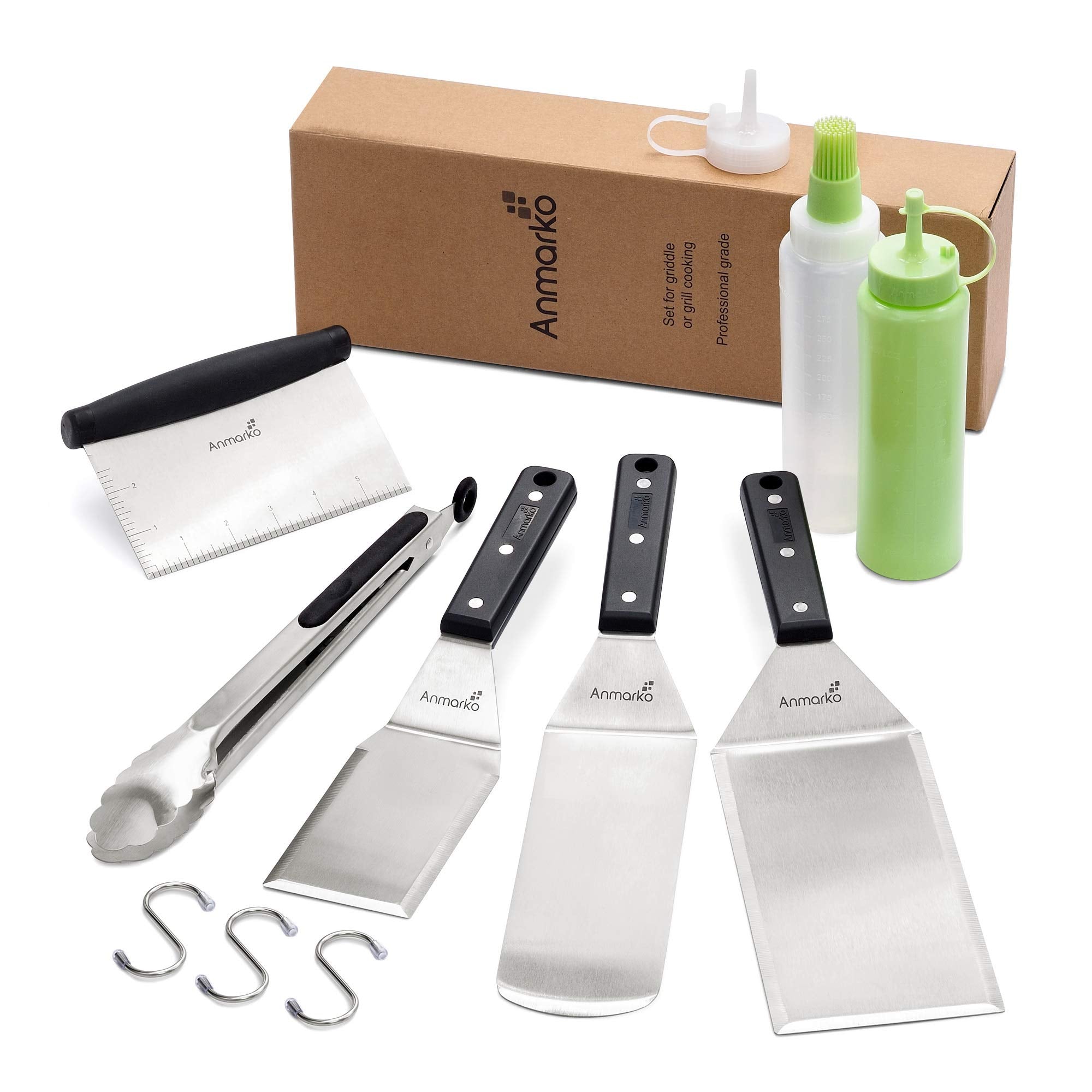 Anmarko spatula set in use flipping burgers on an outdoor grill